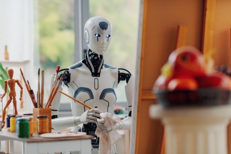 Humanoid AI robot painting on canvas