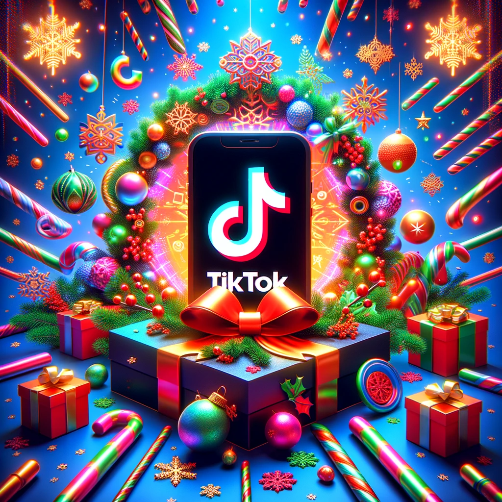 Ilustra el concepto de TikTok como una plataforma de entretenimiento que impulsa las ventas y el seguimiento de marcas durante la Navidad.