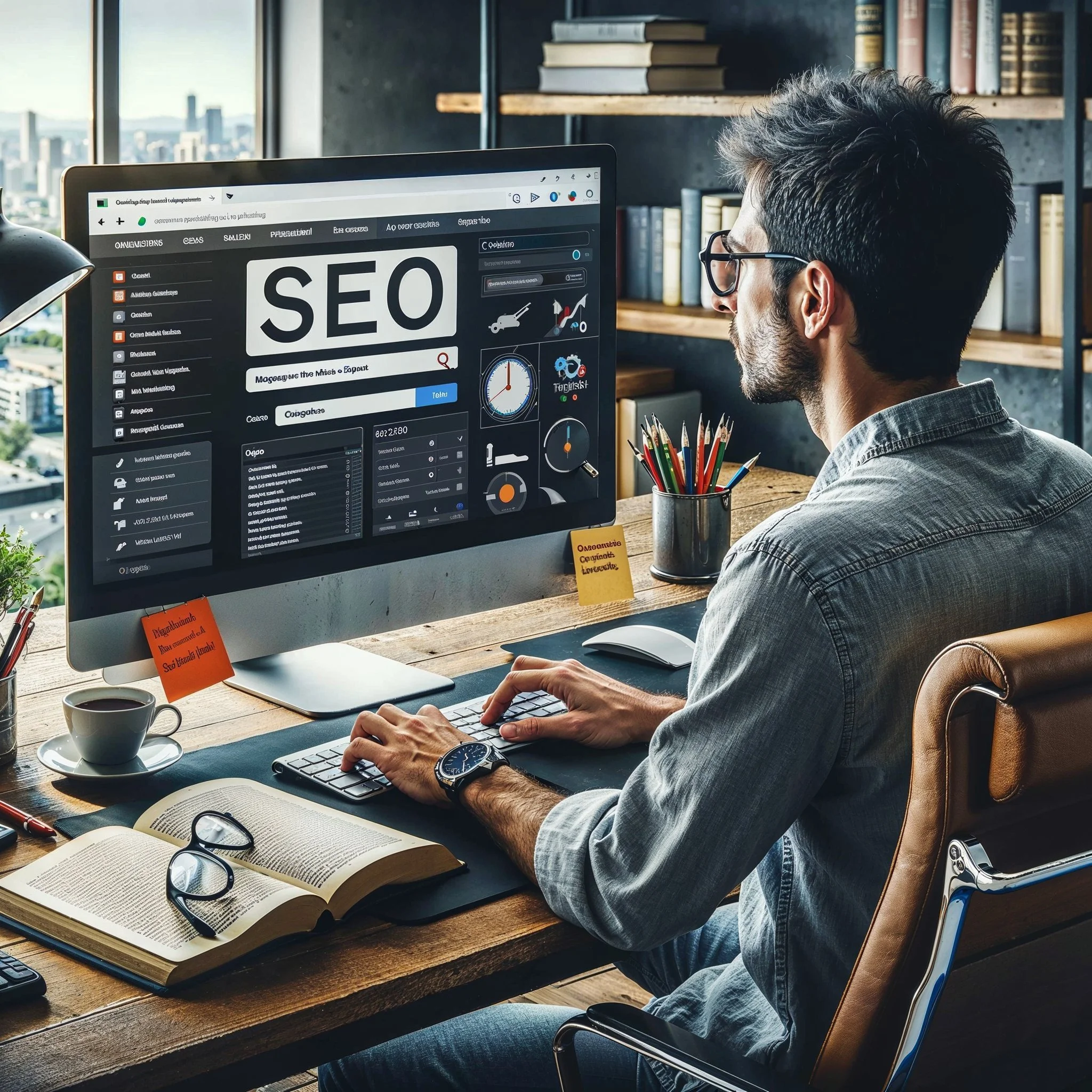 Informático trabajando en búsquedas clave de SEO