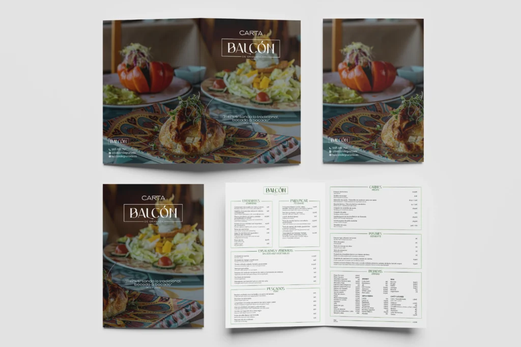 Rebrading del Balcón de Granada aplicado a su carta por Kliché Marketing y Publicidad