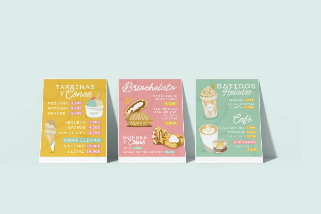 Branding aplicado a la carta de Momento Gelato por Kliché Marketing y Publicidad