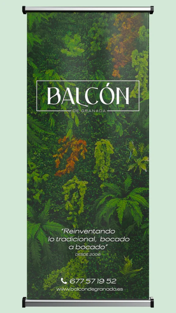 Rebranding del Balcón de Granada aplicado a su roll-up por Kliché Marketing y Publicidad