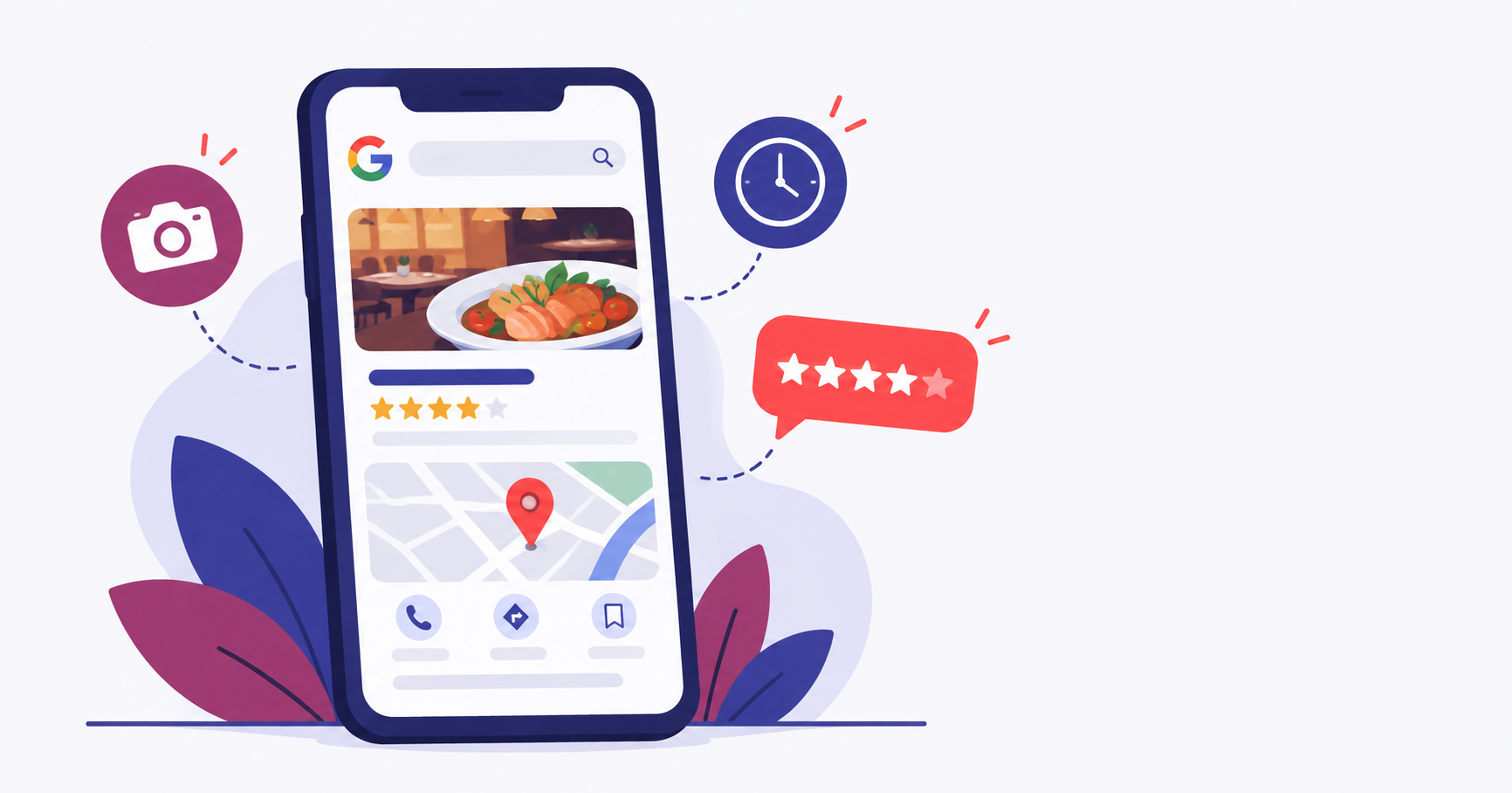 Ficha de Google para restaurantes mostrada en un móvil con valoraciones y ubicación