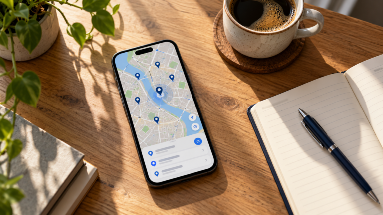 Móvil con un mapa de la ciudad y varios negocios señalados, comprobando por qué un negocio no aparece en Google Maps