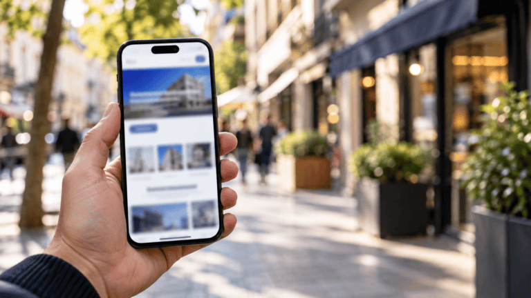 Persona consultando en el móvil la web de un negocio local en la calle
