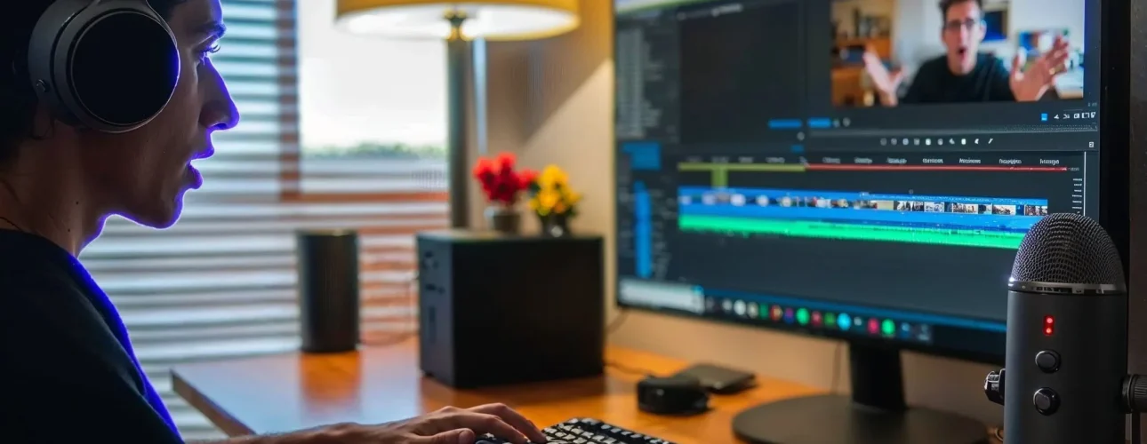 Diseñador editando vídeos en Adobe Premiere