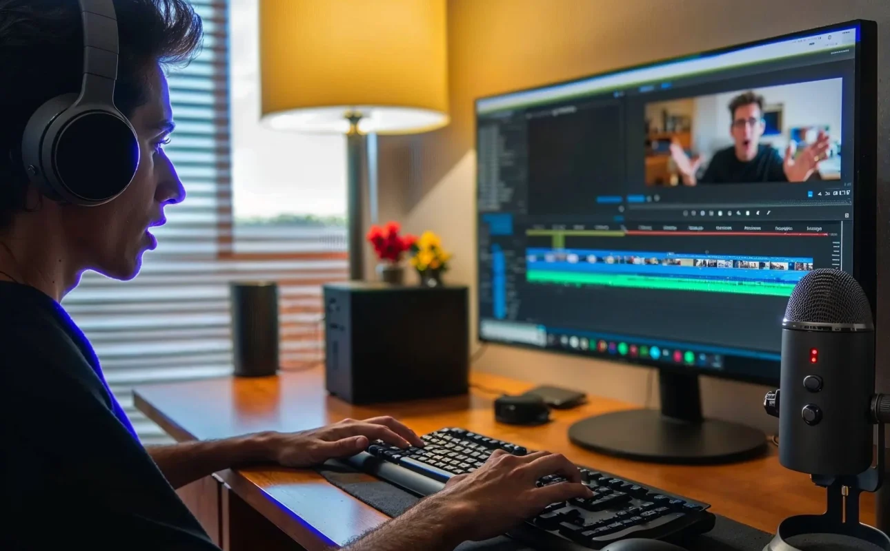 Diseñador editando vídeos en Adobe Premiere