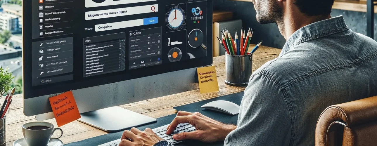 Informático trabajando en búsquedas clave de SEO