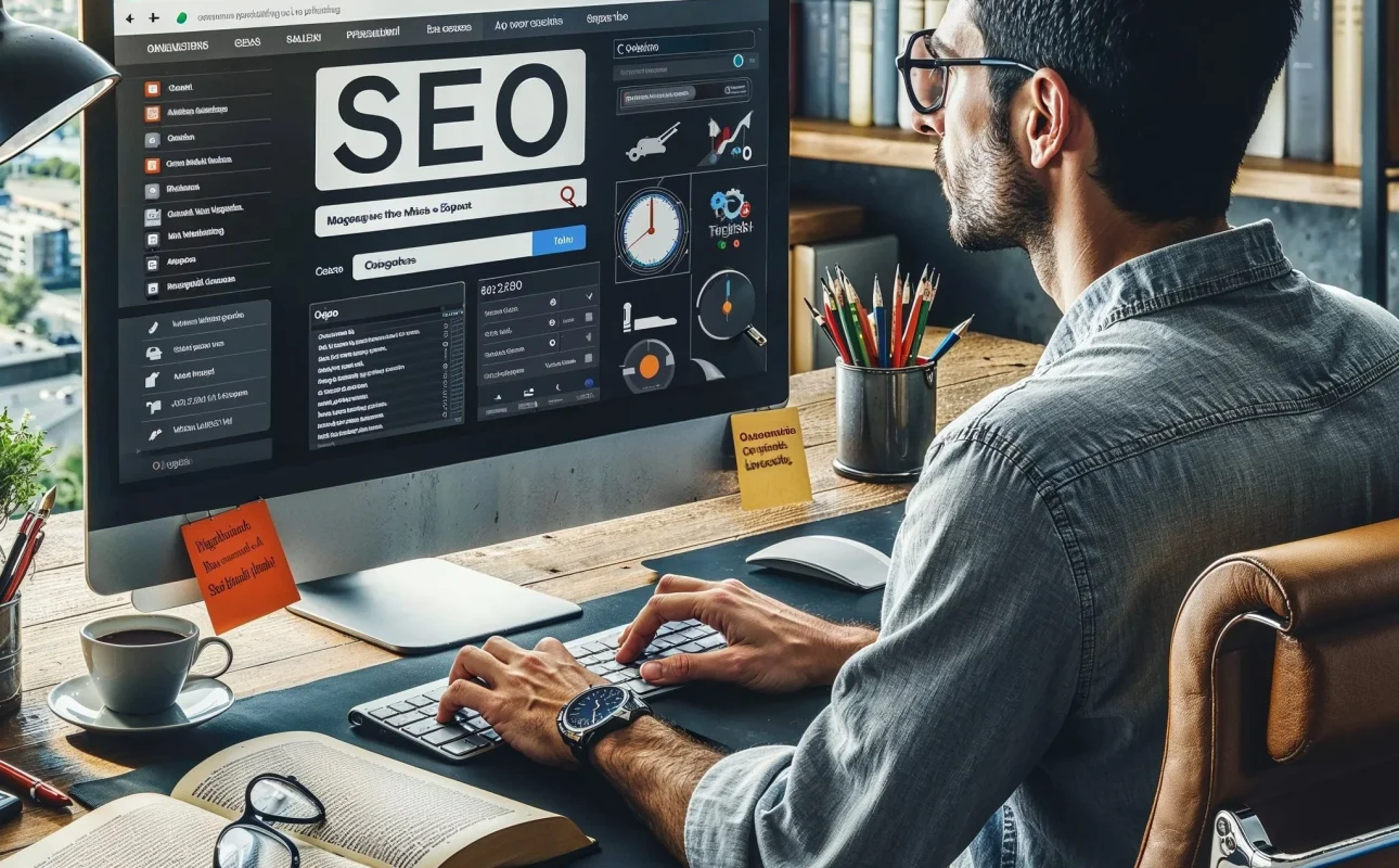 Informático trabajando en búsquedas clave de SEO