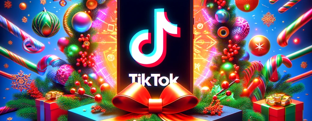 Ilustra el concepto de TikTok como una plataforma de entretenimiento que impulsa las ventas y el seguimiento de marcas durante la Navidad.