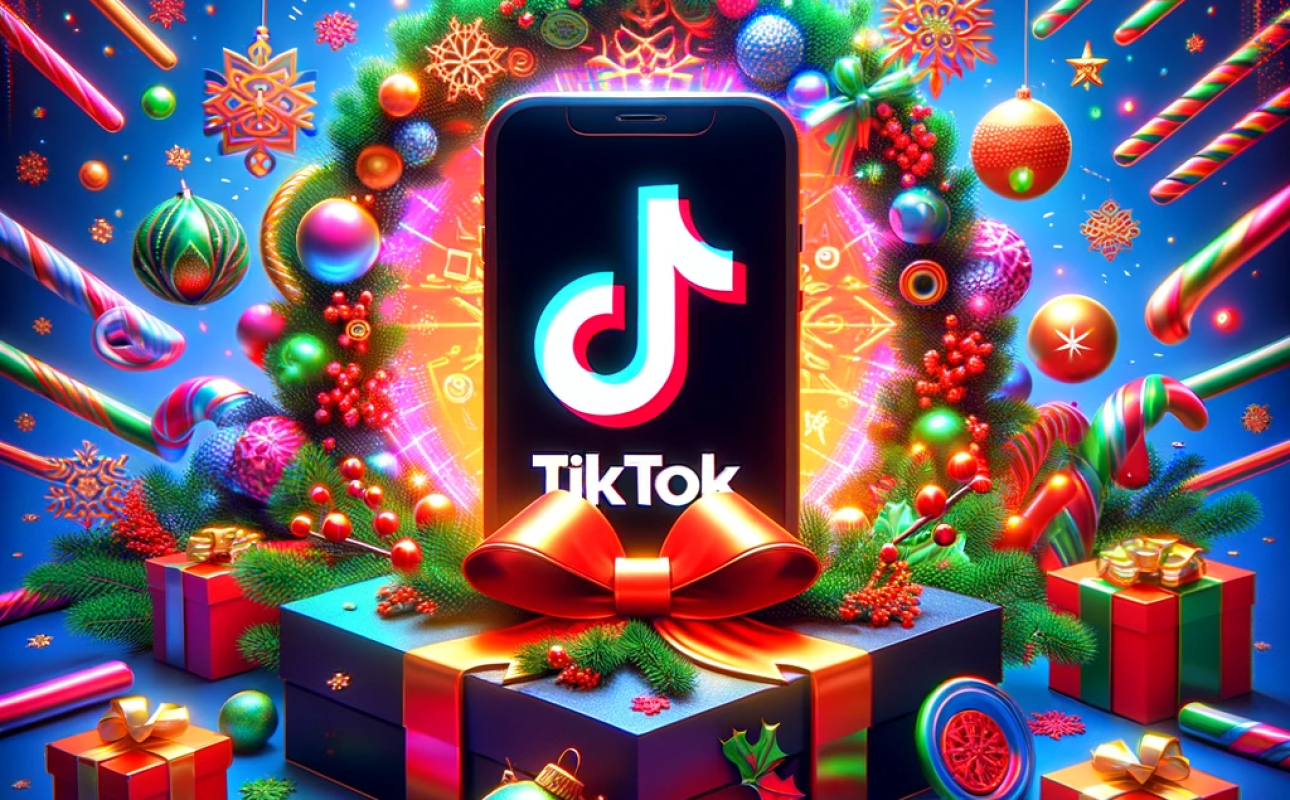 Ilustra el concepto de TikTok como una plataforma de entretenimiento que impulsa las ventas y el seguimiento de marcas durante la Navidad.
