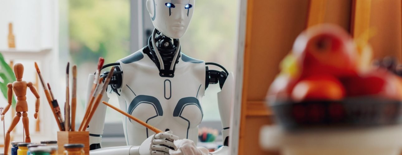 Humanoid AI robot painting on canvas